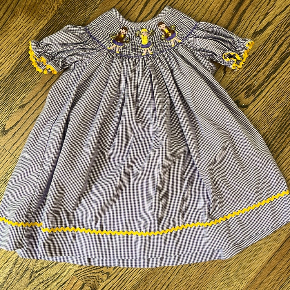 Girls Purple Gingham Smocked Dress with Yellow Trim